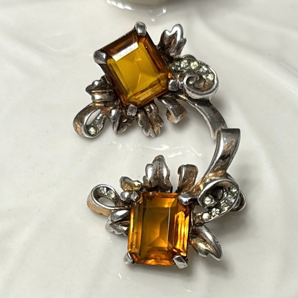 VINTAGE STERLING CITRINE RHINESTONE EARRINGS